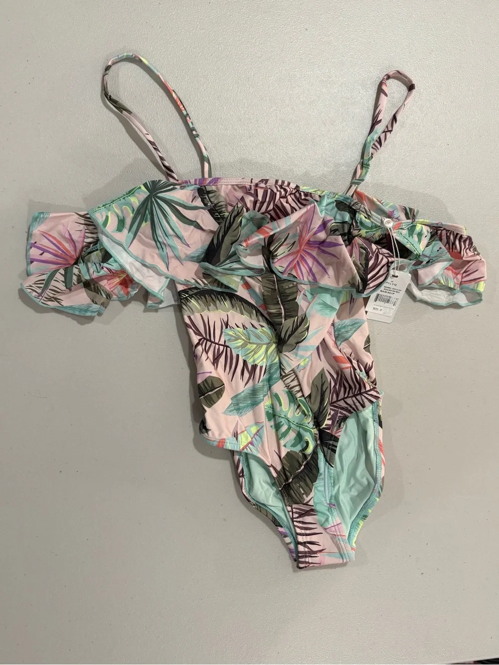 Pilyq Pink Tropical Leaf Ruffle One-Piece Swim Suit